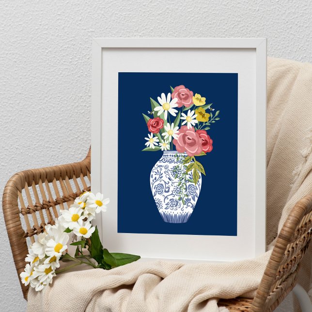Elegant Blue Pottery Vas och blommor Poster (Elegant Blue Pottery Vase And Blooming Flowers Poster)