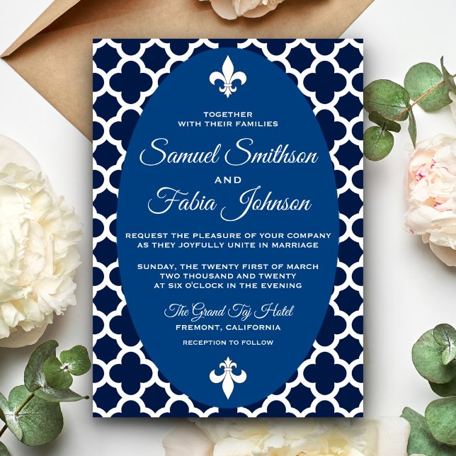 Elegant Blue Quatrefoil Oval bröllopsinbjudan Inbjudningar (Skapare uppladdad)