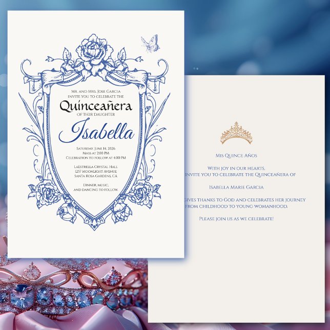 Elegant Blue Quinceanera 15th Birthday Inbjudningar (Elegant quinceañera invitation for a 15th birthday celebration. Customize for your own event. )