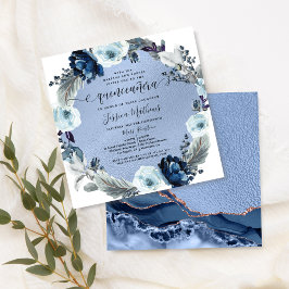 Elegant Blue Quinceañera, Blommigt, Blue Foil,Agat Inbjudningar
