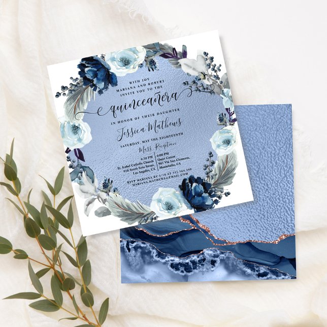Elegant Blue Quinceañera, Blommigt, Blue Foil,Agat Inbjudningar (Skapare uppladdad)