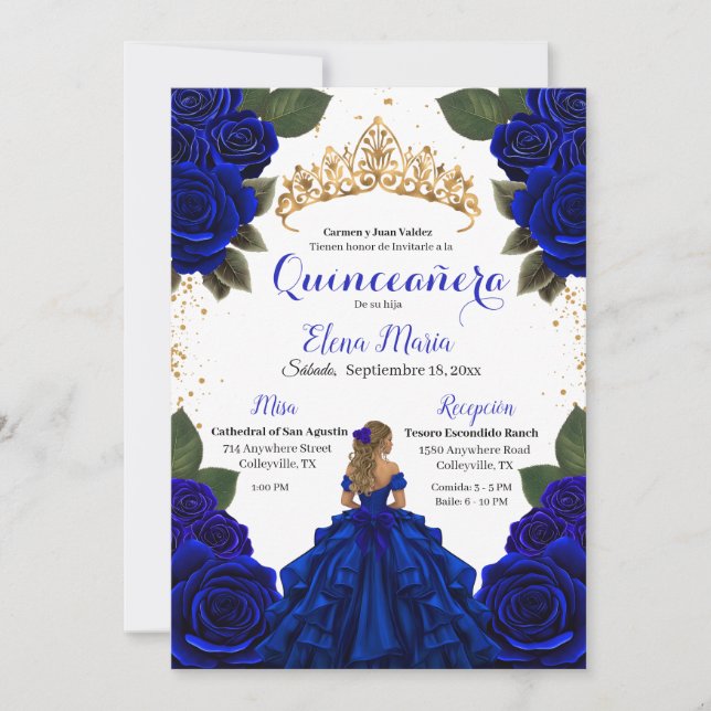 Elegant Blue Quinceañera Ro Guld Glitter Inbjudningar (Framsida)