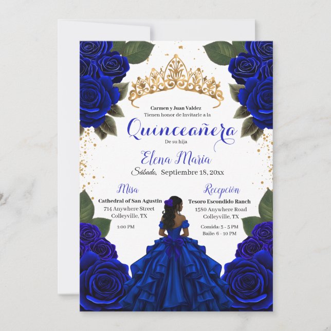 Elegant Blue Quinceañera Ro Guld Glitter Inbjudningar (Framsida)
