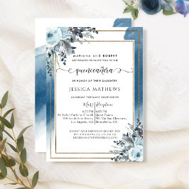 Elegant Blue Quinceañera Watercolor med Blommigt Inbjudningar