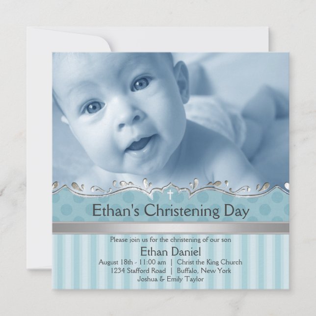 Elegant Blue Rand Boys Photo Christening Inbjudningar (Framsida)