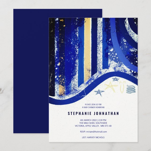 Elegant Blue Rand Spatters Stars Baby Shower Inbjudningar (Fram/baksida)