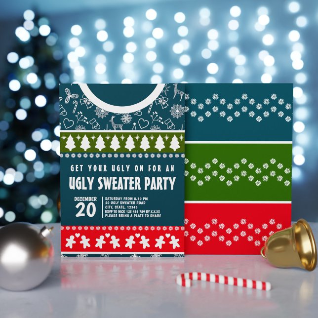 Elegant Blue Red and Grönt Ugly Sweater Julafton P Inbjudningar (Elegant Blue Red and Green Ugly Sweater Xmas Party Invitation)