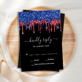 Elegant Blue Red Black Glitter Patriotic Bröllop OSA Kort