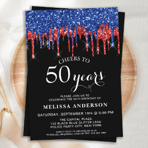 Elegant Blue Red Glitter Drives Patriotic Birthday Inbjudningar