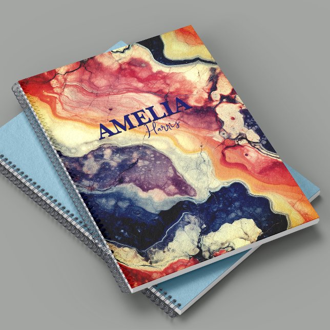 Elegant blue red marble art giromonogram anteckningsbok (Skapare uppladdad)
