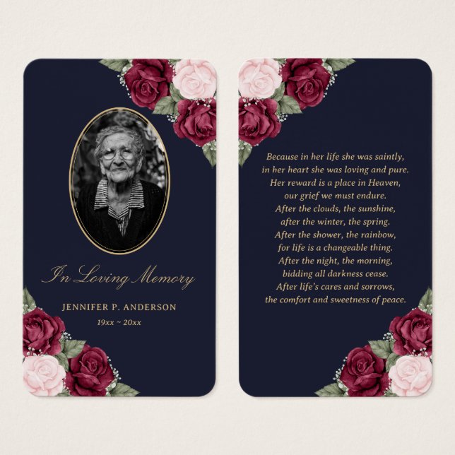 Elegant Blue Red Rosa Blommigt Funeral Prayer Card Visitkort (Framsida & baksida)