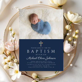 Elegant Blue Religiösa Kor Boy Baptism Photo Inbjudningar