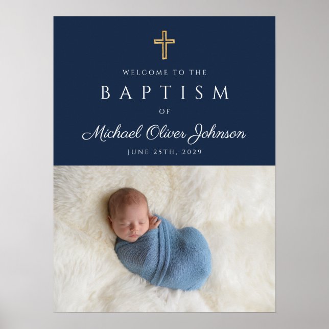 Elegant Blue Religiösa Kor Boy Baptism Välkommen Poster (Framsidan)