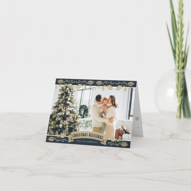 Elegant Blue Religiösa Photo jul Blesses Helgkort (Framsida)