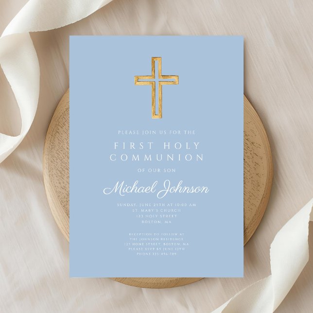 Elegant Blue Religious Cross Boy First Communion Inbjudningar (Elegant Blue Religious Cross Boy First Communion Invitation)