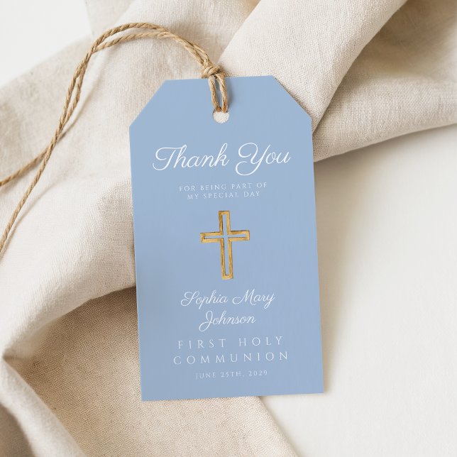 Elegant Blue Religious Cross Boy First Communion Presentetikett (Elegant Blue Religious Cross Boy First Communion Gift Tags)