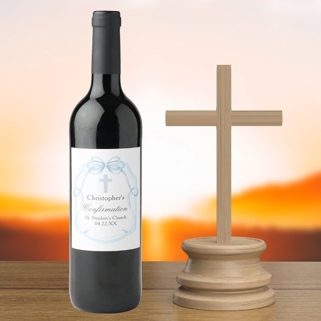 Elegant Blue Ribbon Bow-bekräftelse Party Vinflaska Etikett (Skapare uppladdad)