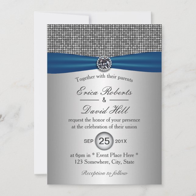 Elegant Blue Ribbon Modern Silver Glitter Bröllop Inbjudningar (Framsida)
