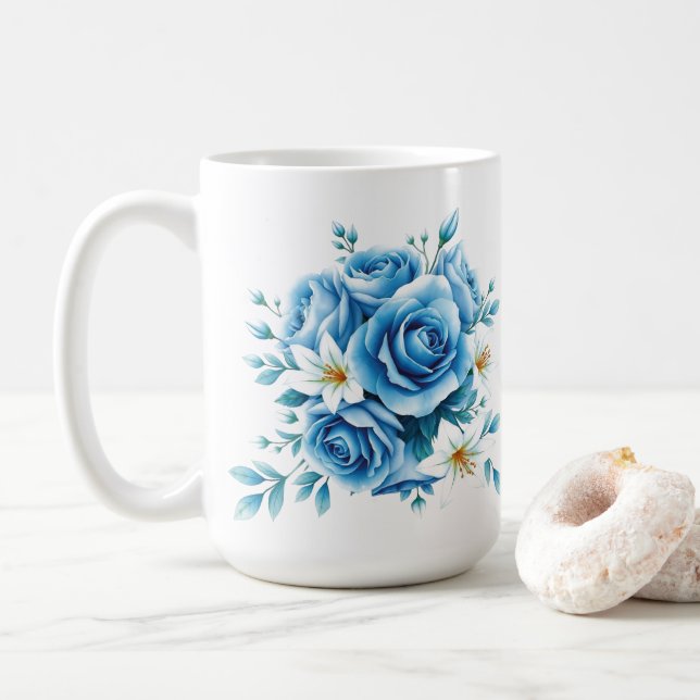 Elegant Blue Ro Blommigt Artwork Kaffemugg (Med munk)