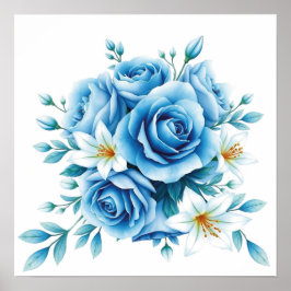 Elegant Blue Ro Blommigt Artwork Poster