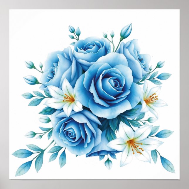 Elegant Blue Ro Blommigt Artwork Poster (Framsidan)
