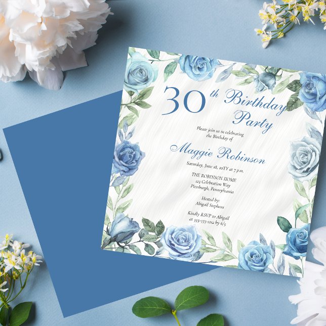 Elegant Blue Ro Blommigt Ram 30års födelsedag Part Inbjudningar (Elegant Blue Floral Frame 30th Birthday Party Invitation - Available in Print and/or Download)