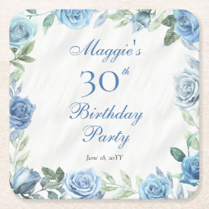 Elegant Blue Ro Blommigt Ram 30års födelsedag Part Underlägg Papper Kvadrat
