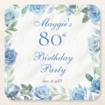 Elegant Blue Ro Blommigt Ram 80:e Födelsedagsfeste Underlägg Papper Kvadrat<br><div class="desc">Elegant blå och vit med damskiktsfärgad grönt grön blommigt ram födelsedagsfest firande.</div>