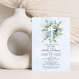 Elegant Blue Ro Greenery Baptism Christening Inbjudningar