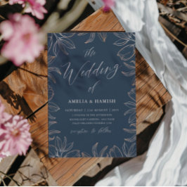 Elegant Blue & Ro guld Foliage Bröllop Inbjudningar