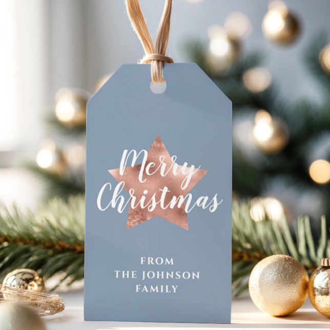 Elegant Blue Ro Guld-stjärnornas jul Presentetikett (Elegant Blue Rose Gold Star Christmas Gift Tags)