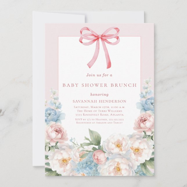 Elegant Blue Rosa Blommigt Bow Baby Shower Brunch Inbjudningar (Framsida)