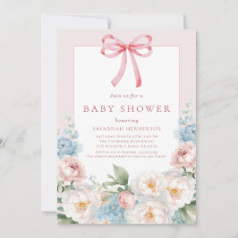 Elegant Blue Rosa Blommigt Bow Baby Shower Inbjudningar