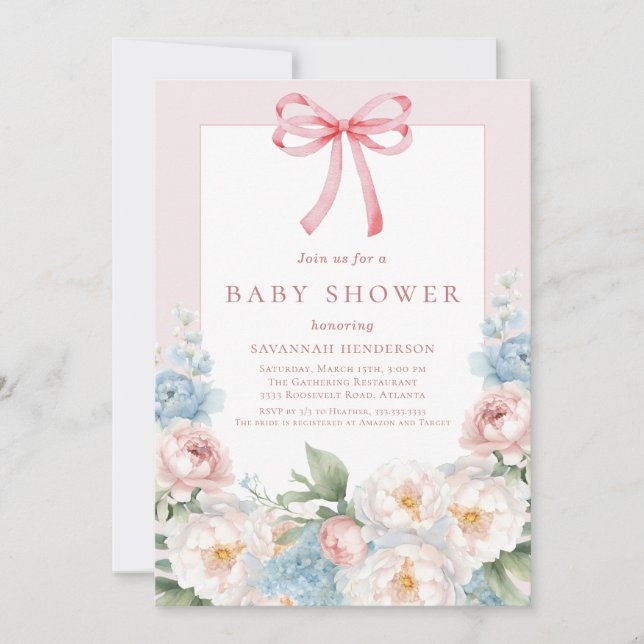 Elegant Blue Rosa Blommigt Bow Baby Shower Inbjudningar (Framsida)