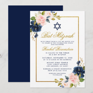Elegant Blue Rosa Blommigt Guld Ram Bat mitzvah Inbjudningar