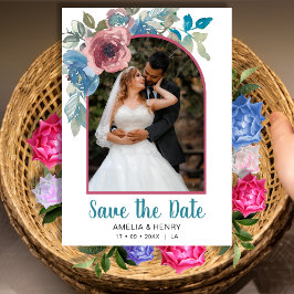 Elegant Blue & Rosa Blommigt QR-kod Foto Bröllop Spara Datumet