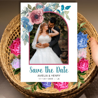 Elegant Blue & Rosa Blommigt QR-kod Foto Bröllop Spara Datumet