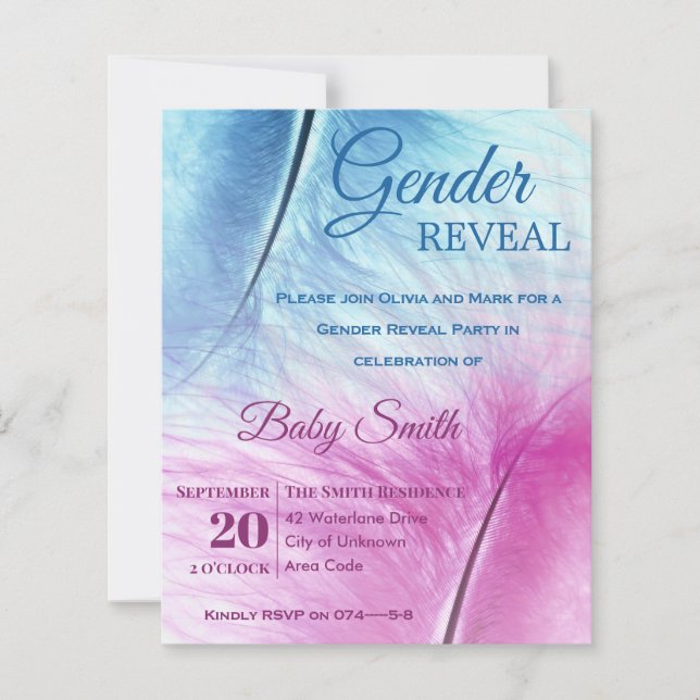 Elegant Blue Rosa Feather Gender Reveal-inbjudan (Framsida)