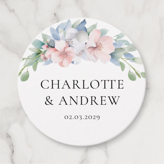 Elegant Blue Rosa Flowers Bröllop Gåvor Etiketter (Framsida)