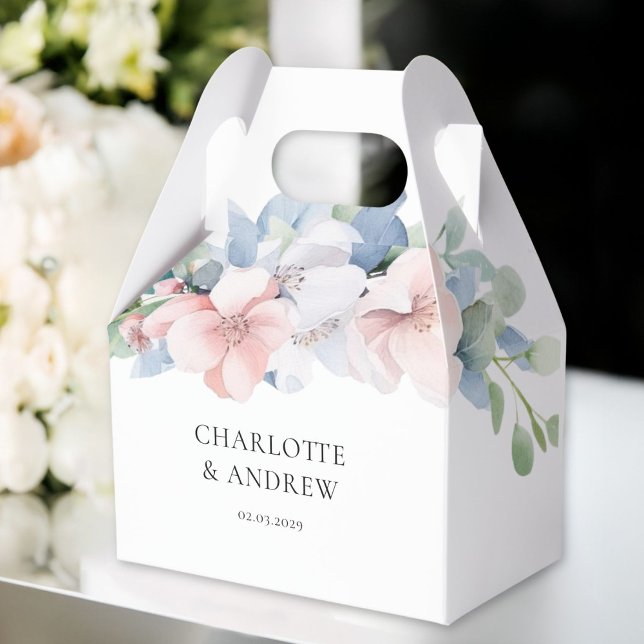 Elegant Blue Rosa Flowers Bröllop Presentaskar (Elegant Blue Pink Flowers THANK YOU! Wedding Favor Boxes with your name and date.)