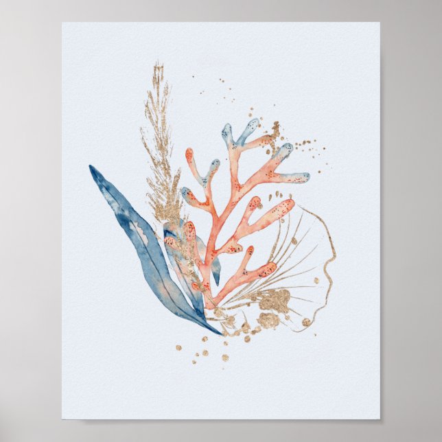 Elegant Blue Rosa & Guld Coral Ocean ThemSea Poster (Framsidan)