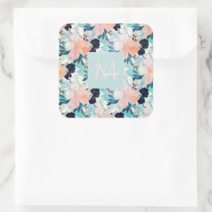 Elegant Blue Rosa Mint Flowers Watercolor Blommigt Fyrkantigt Klistermärke