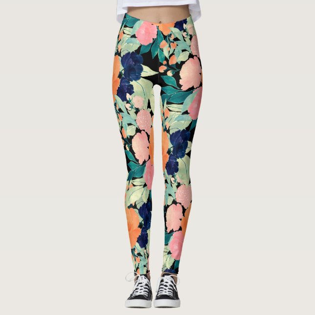 Elegant Blue Rosa Orange Flowers Black Blommigt Leggings (Framsida)