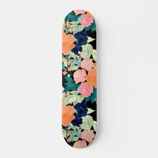 Elegant Blue Rosa Orange Flowers Black Blommigt Mini Skateboard Bräda 18,5 Cm (Framsida)