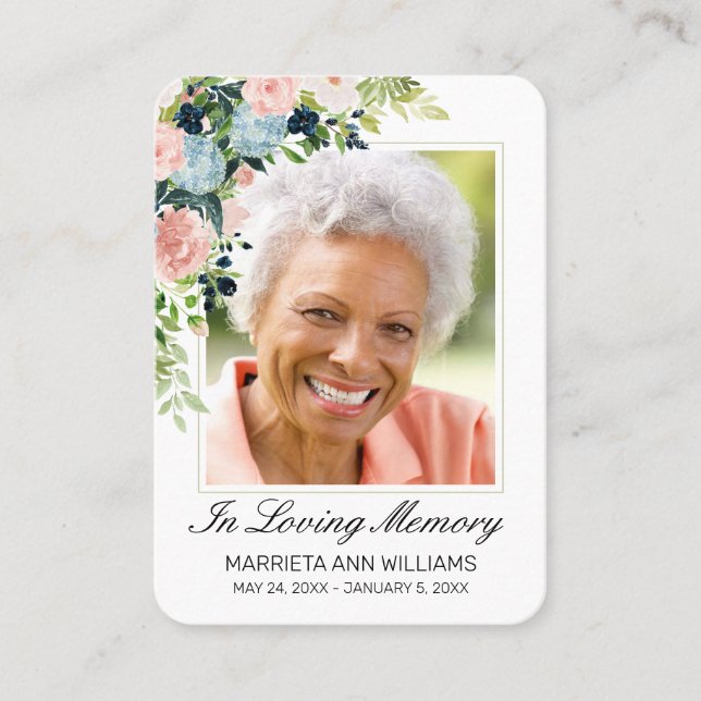 Elegant Blue Rosa ros Blommigt Photo Memorial Card Visitkort (Framsida)