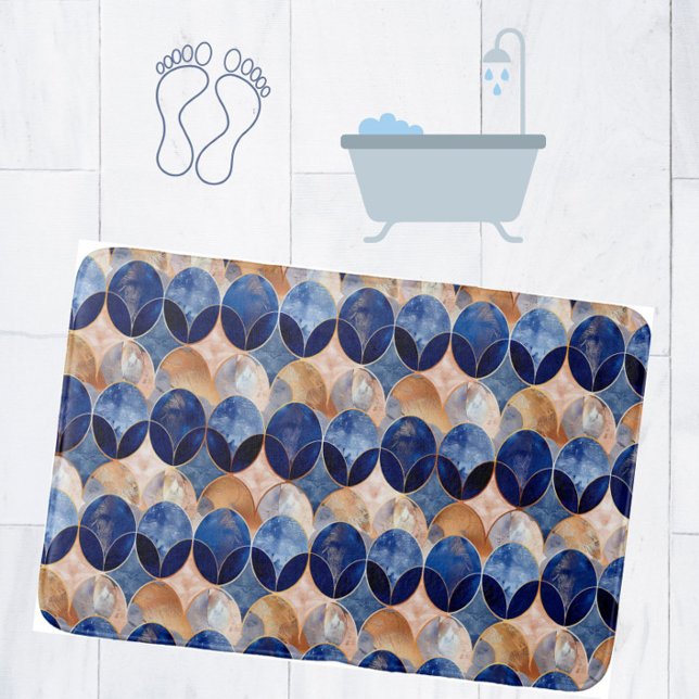 Elegant Blue + Rose Gold Luxury Geometric Pattern Badrumsmatta (Add glam luxury to your bathroom with this blue + rose gold oval pattern bathmat.)