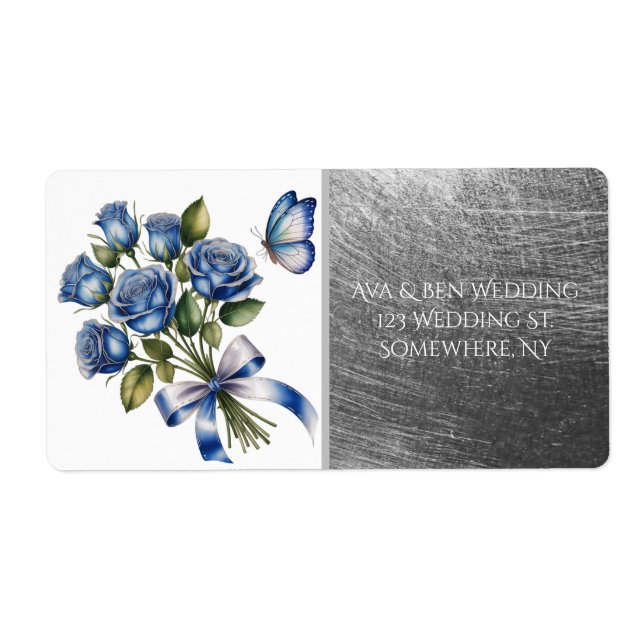 Elegant Blue Roses & Butterfly Silver Wedding Fraktsedel (Framsidan)