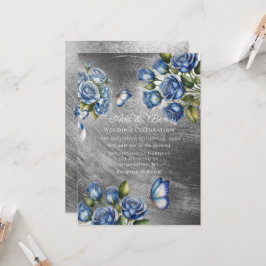 Elegant Blue Roses Butterfly Silver Wedding Inbjudningar