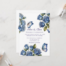 Elegant Blue Roses Butterfly Silver Wedding Inbjudningar