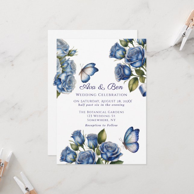 Elegant Blue Roses Butterfly Silver Wedding Inbjudningar (Fram/Back In Situ)